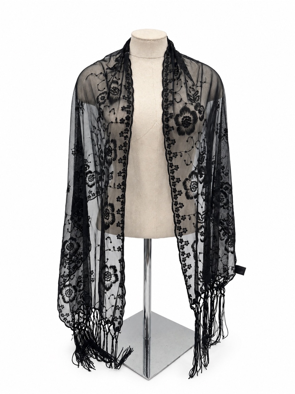 Black Sheer Lace Sequin Floral Fringe Shawl Wrap Gothic Evening Scarf